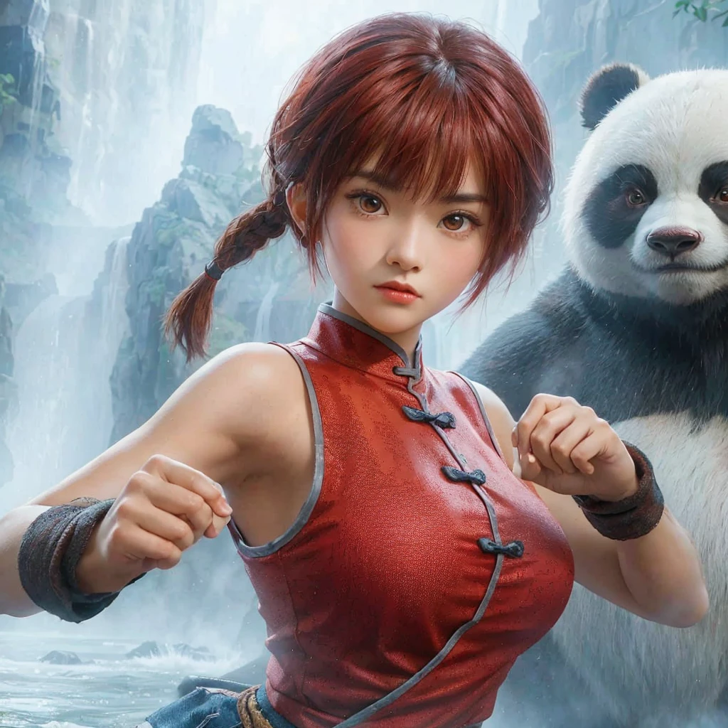 Potography hyper realistic of Ranma, a young female character with striking red short hair with a braided pigtail, has a beautiful body. She is dressed in kungfu attire: a sleeveless red shirt, navy pants, and slip-on shoes. Standing behind her is a large, serious panda. Both are captured in dynamic action poses with martial arts elements, set against a misty waterfall backdrop.