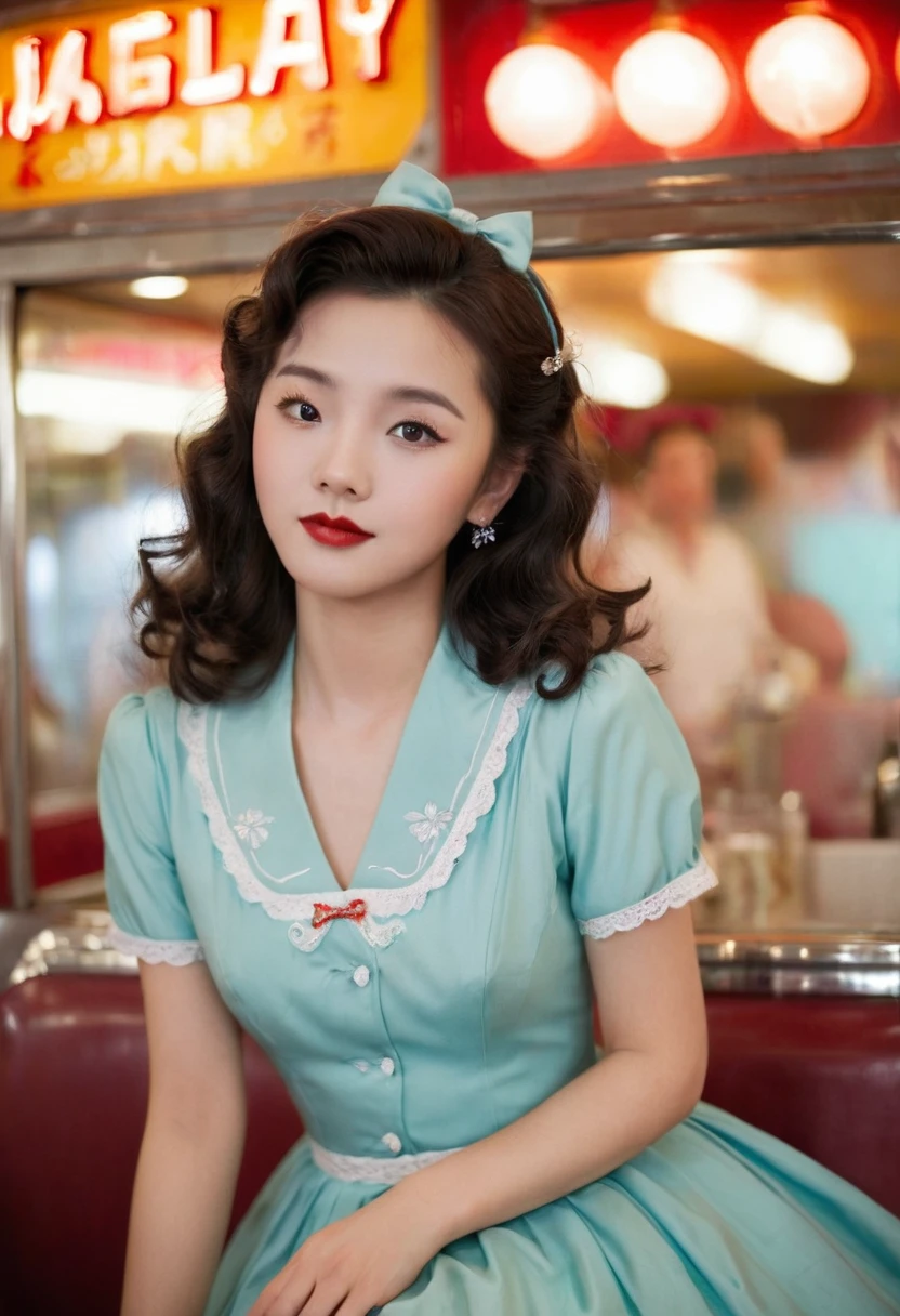 A Chinese girl，1 girl wearing a 1950s style dress, Comes with full skirt and petticoat, Her hair is curly. She should be sitting in an old-fashioned restaurant, Retro details all around，Like a jukebox, Chrome decoration, and neon. Her eyes should be shining with excitement, Her skin is flawless，In soft, Dramatic Lighting. This scene should have been shot on 35mm film, Has a beautiful depth of field and a slight blur, Nostalgic background,, ,