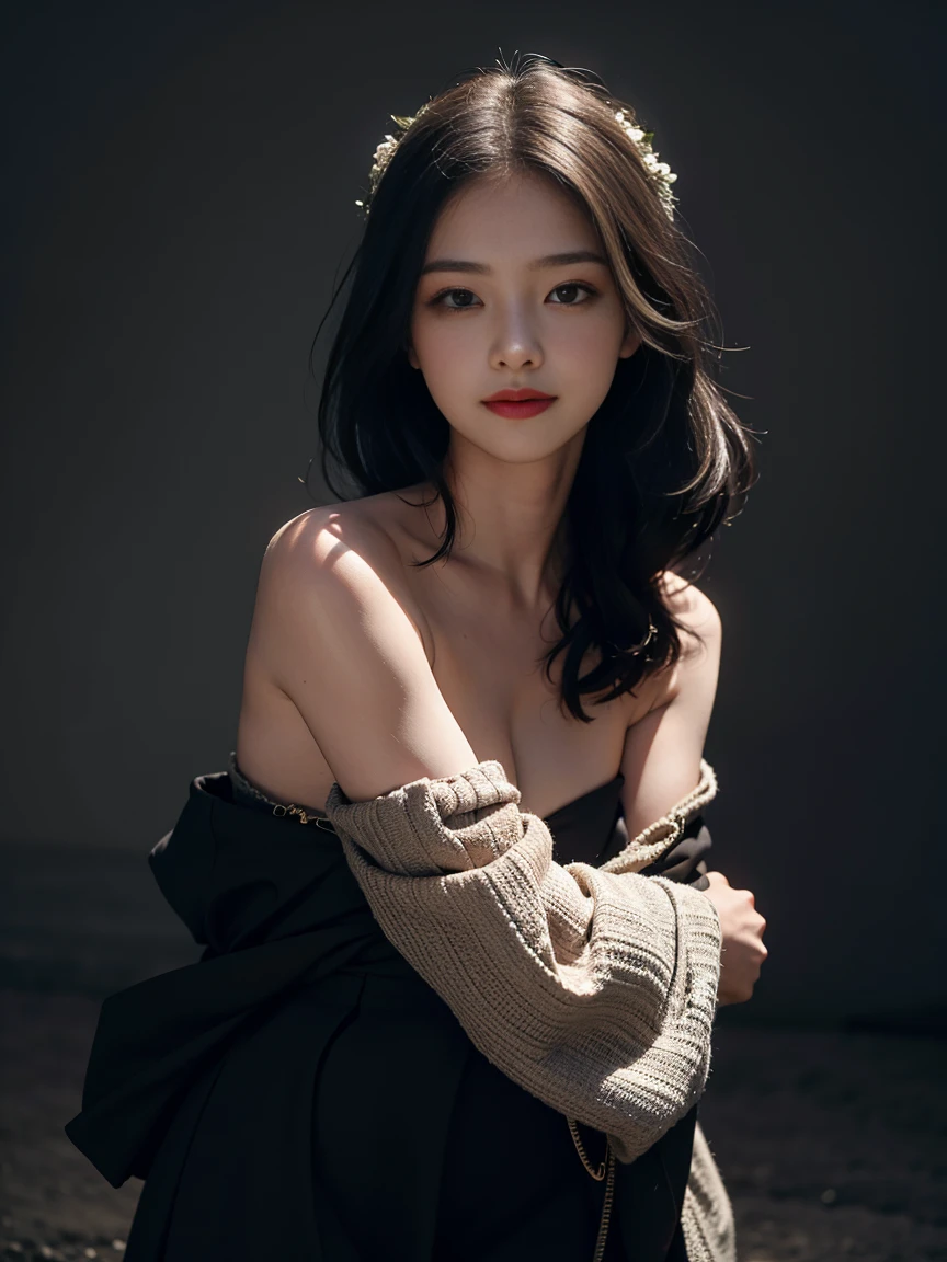 1girl, offshoulder, smile, cute, waist up, deep shadow, in the dark, low key
best quality, masterpiece, (photorealistic:1.4)