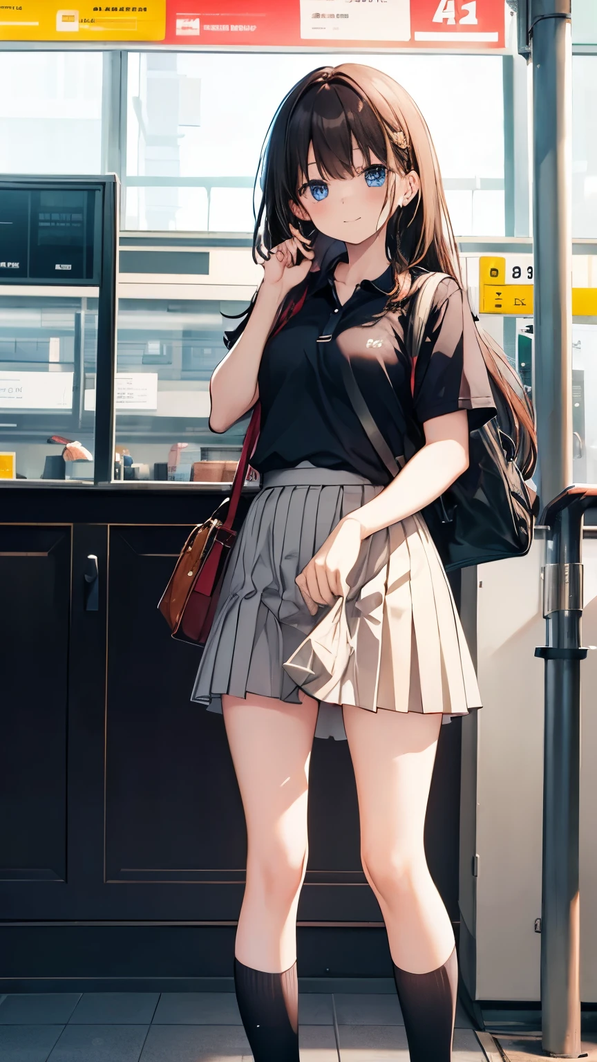 long hair, looking at viewer, smile, bangs, blue eyes, multiple girls, skirt, brown hair, shirt, black hair, short sleeves, brown eyes,  long hair, standing, white polo shirt, pleated skirt, open clothes, shoes, socks, striped, collared shirt, hand up, 3girls, bag, kneehighs, plaid skirt, brown footwear, flying sweatdrops, loafers, grey skirt, school bag, diagonal stripes, train station、skirt lift,Hand in panties