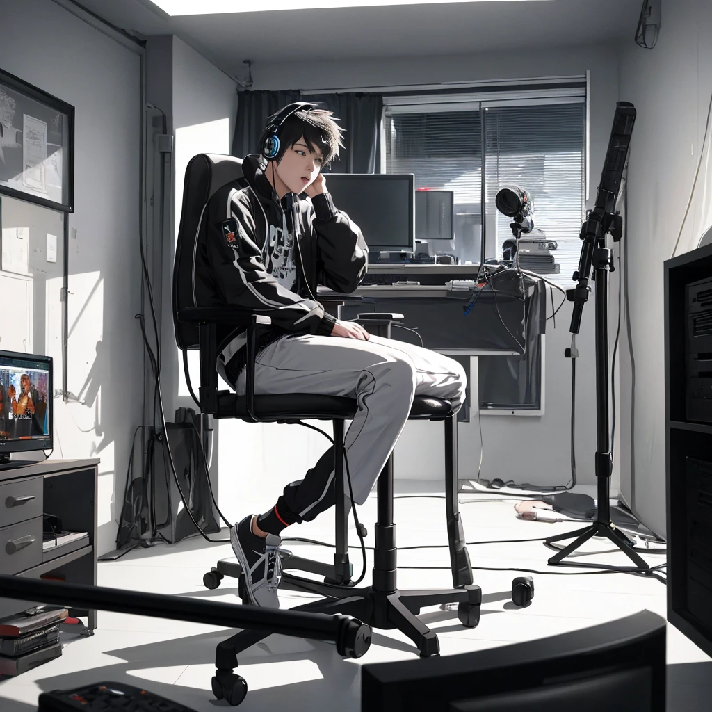 A young man sits on a chair with headphones in his room, shouting and recording himself.。violently moving background。masterpiece。8K。There is a computer in front of the chair。the craziest guy。textured skin。high quality。Extremely detailed。anatomically correct。Super high quality