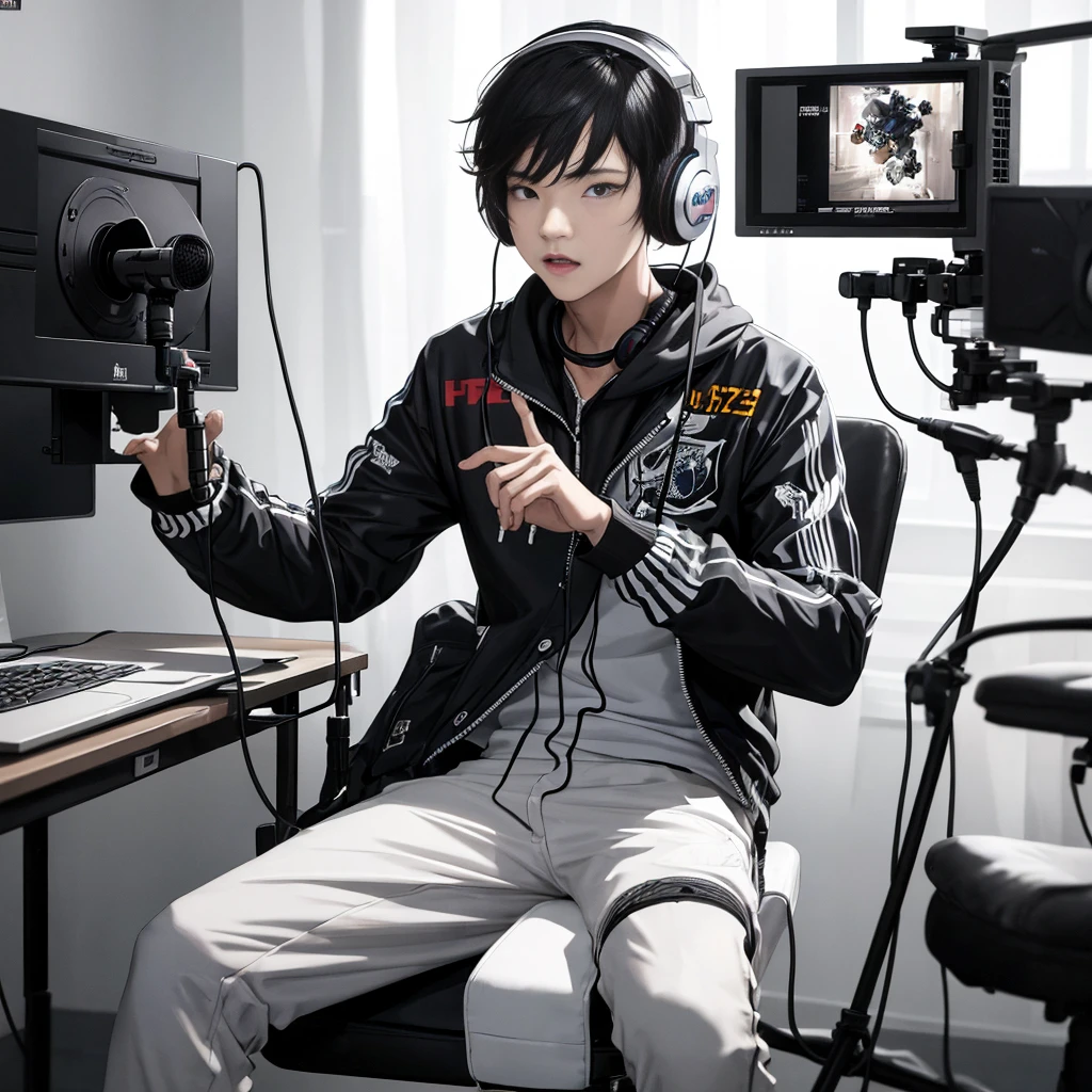 A young man sits on a chair with headphones in his room, shouting and recording himself.。violently moving background。masterpiece。8K。There is a computer in front of the chair。the craziest guy。textured skin。high quality。Extremely detailed。anatomically correct。Super high quality