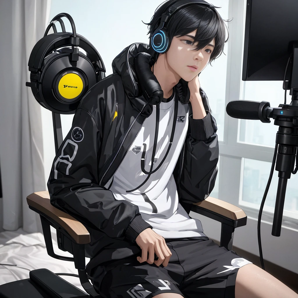 A young man sits on a chair with headphones in his room, shouting and recording himself.。violently moving background。masterpiece。8K。There is a computer in front of the chair。the craziest guy。textured skin。high quality。Extremely detailed。anatomically correct。Super high quality