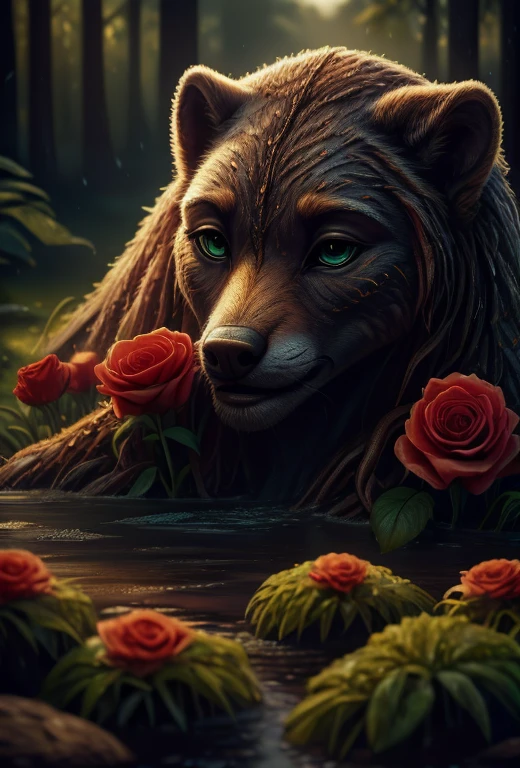 a beautiful rose anthropomorphized, where the roses have the faces of beautiful women, detailed facial features, beautiful eyes, detailed lips, long eyelashes,seios grandes:1:4, intricate floral patterns, detailed petals, vibrant colors, lush garden setting, natural lighting, cinematic composition, masterpiece, 8k, photorealistic, hyperrealistic, smooth rendering, highly detailed