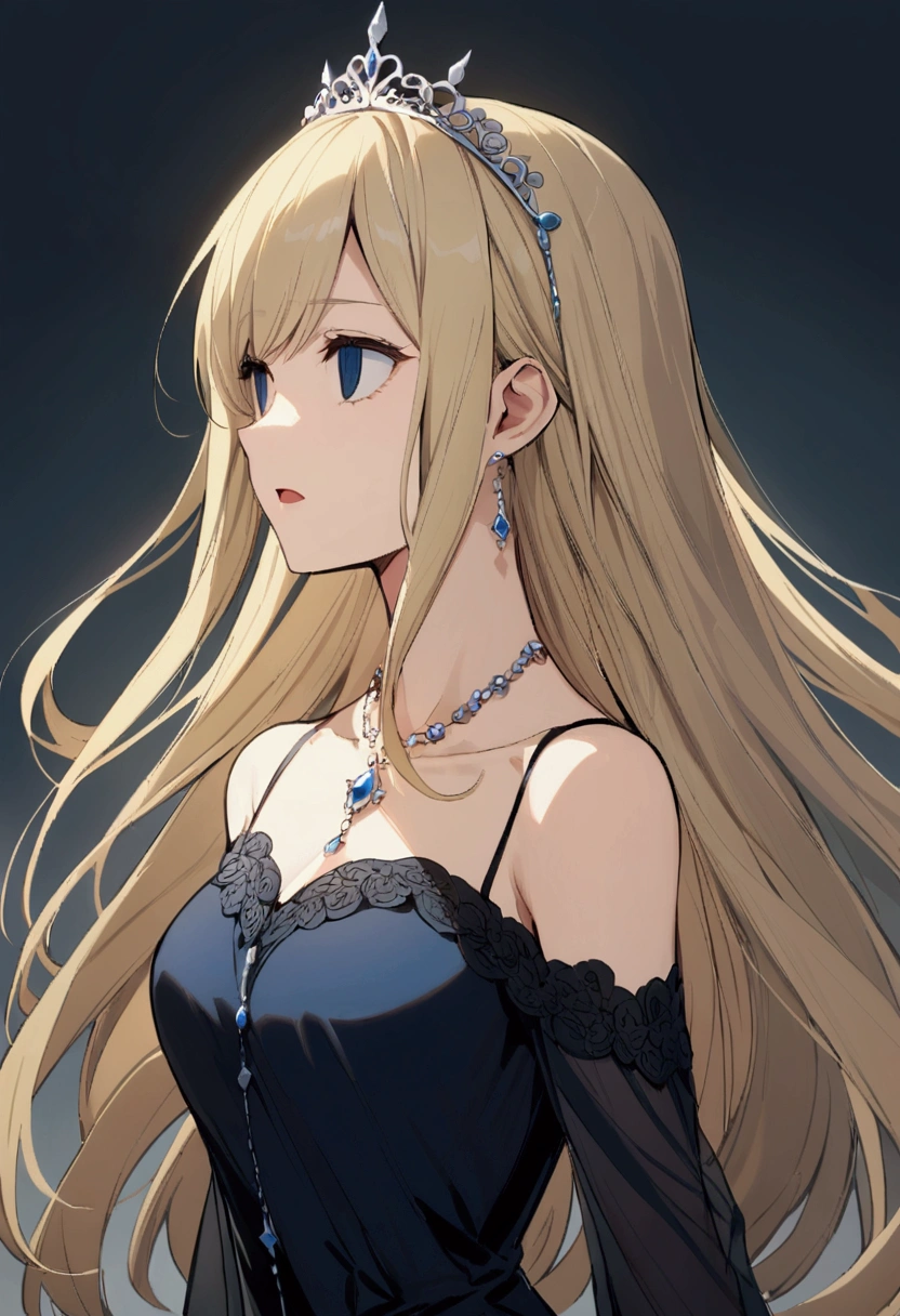 slender, mature female, 1girl, rating:safe, blonde_hair, long_hair, blue_eyes, solo, collarbone, bare_shoulders, bangs, open_mouth, upper_body, dress, eyebrows_visible_through_hair, tiara, very_long_hair, jewelry, sidelocks, looking_away, empty_eyes
