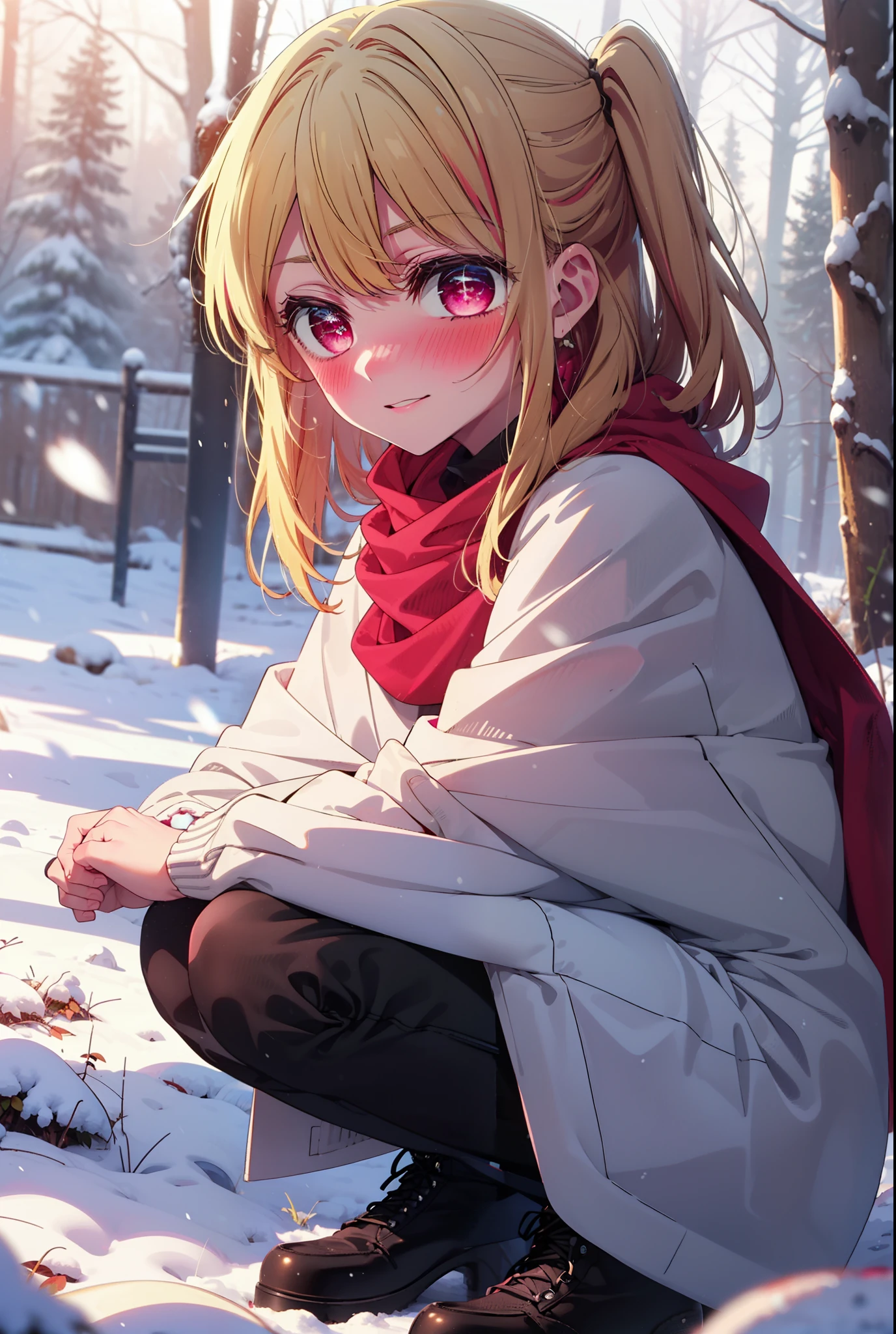 rubyhoshino, Hoshino Ruby, Long Hair, bangs, blonde, (Pink Eyes:1.3), Side Lock, (Symbol-shaped pupil:1.5), Multicolored Hair, Two-tone hair, smile,,smile,blush,white breath,
Open your mouth,snow,Ground bonfire, Outdoor, boots, snowing, From the side, wood, suitcase, Cape, Blurred, , forest, White handbag, nature,  Squat, Mouth closed, Cape, winter, Written boundary depth, Black shoes, red Cape break looking at viewer, Upper Body, whole body, break Outdoor, forest, nature, break (masterpiece:1.2), Highest quality, High resolution, unity 8k wallpaper, (shape:0.8), (Beautiful and beautiful eyes:1.6), Highly detailed face, Perfect lighting, Extremely detailed CG, (Perfect hands, Perfect Anatomy),