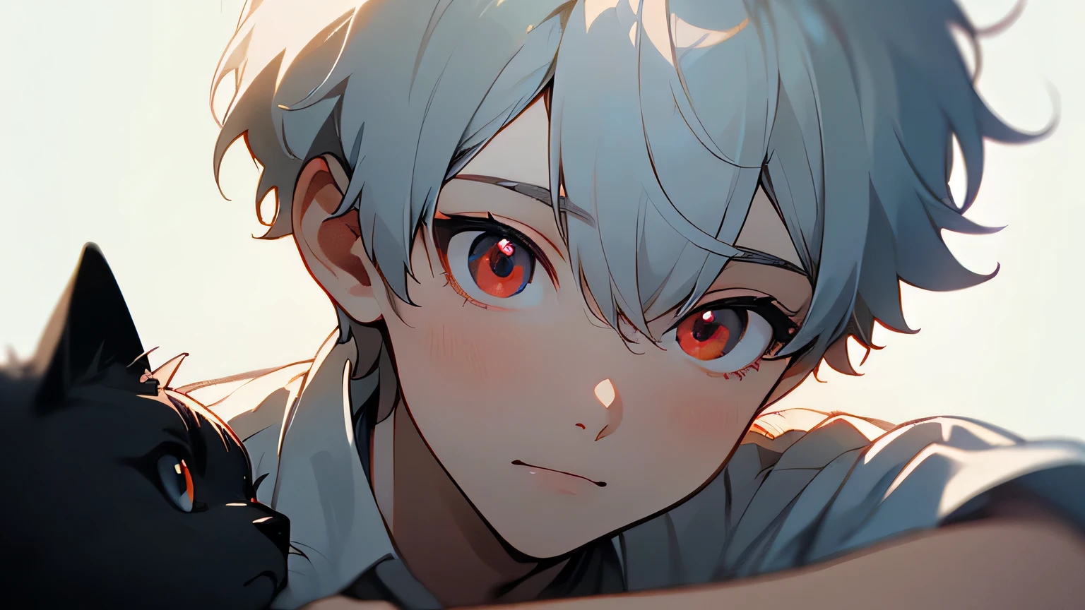 (masterpiece, Ultra-high quality, high resolution, 8K, complicated: 1.2), (Delicate face:1.2),White skin, Double eyelids , Delicate skin, a boy,Good lighting quality, ((青White skin)), Soft and cute anime style,Cute cat-eared boy wearing a white short-sleeved shirt,Bright red eyes,Q version expression pack,Excellent anime