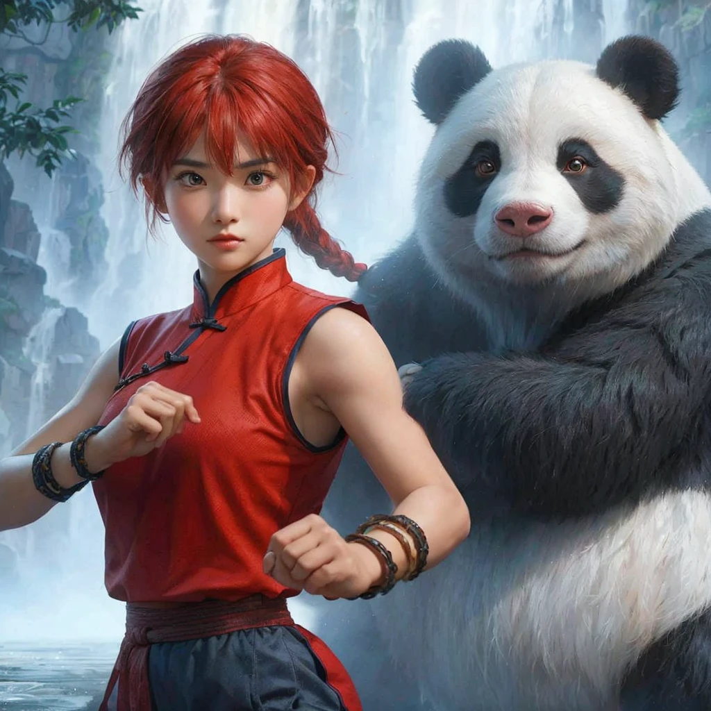 Potography hyper realistic of Ranma, a young female character with striking red short hair with a braided pigtail, has a beautiful body. She is dressed in kungfu attire: a sleeveless red shirt, navy pants, and slip-on shoes. Standing behind her is a large, serious panda. Both are captured in dynamic action poses with martial arts elements, set against a misty waterfall backdrop.