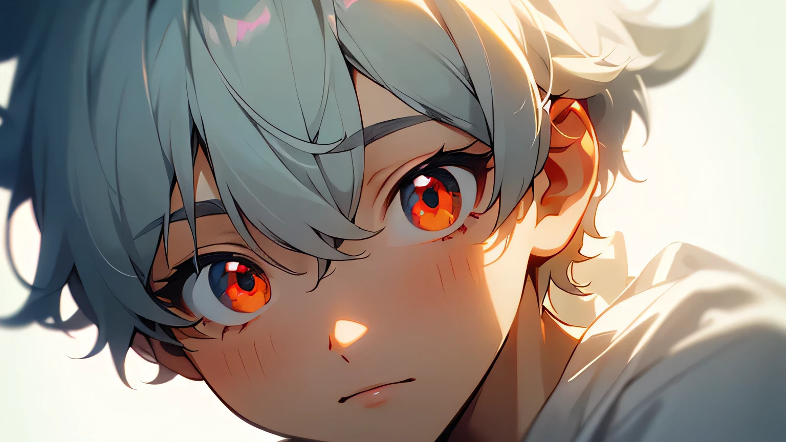 (masterpiece, Ultra-high quality, high resolution, 8K, complicated: 1.2), (Delicate face:1.2),White skin, Double eyelids , Delicate skin, a boy,Good lighting quality, ((青White skin)), Soft and cute anime style，Cute cat-eared boy wearing a white short-sleeved shirt，Bright red eyes，Q version expression pack，Excellent anime