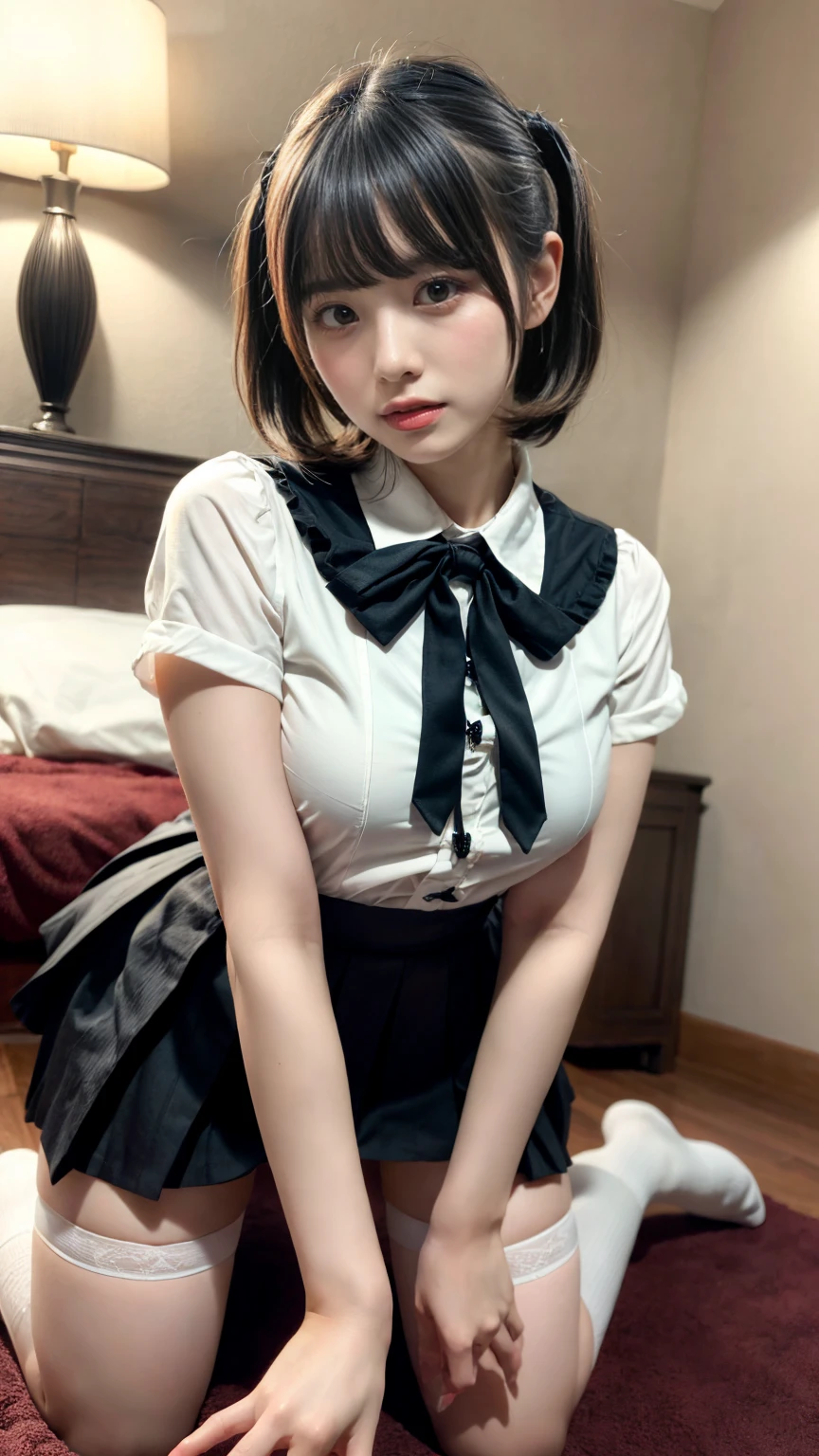 masterpiece, best quality, illustration, Super detailed, fine details, High resolution, 8K,wall paper, perfect dynamic composition,(Details High quality, realistic depiction of eyes:1.3), (collared shirt:1.1), pleated skirt, knee high socks, large breasts, short bob hair, black hair color, Big Natural Color Lip, (perfect body shape), crying a little、Harajuku style、20 year old girl、cute type、****ta、beautiful legs, hotel room, Gravure Idol, Voluptuous thighs, large hip, getting pounded from behind, on all fours