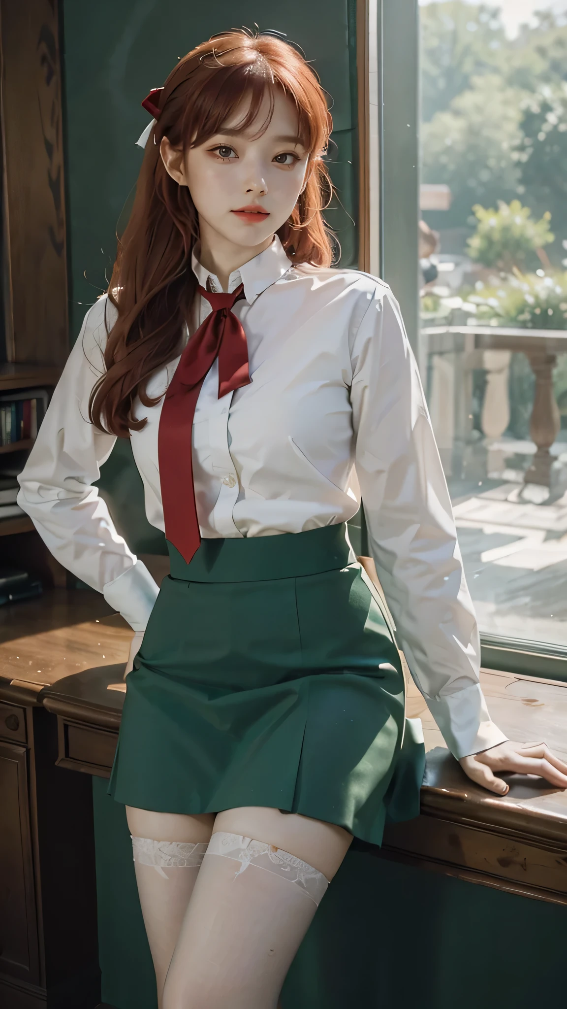 masterpiece, white shirt, green skirt ,red tie, red hair ribbon, white stockings, 8k, lin, green hair
