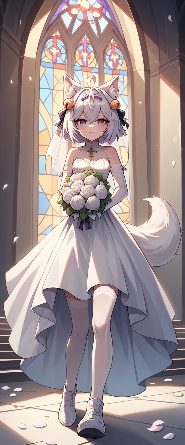 Church, infront of the altar, church isle, 1girl, tall, , solo, Filian, fluffy fox tail, tail pointing downwards, small cat ears, white hair, short hair, ahoge, hairclip, hair bell, big purple eyes, slight blush, smiling, a-line wedding dress, white veil, white lace arm sleeves, white gloves, white lace stockings, white shoes with heals, scattered white petals, full body pose, innocent pose, holding bridal bouquet