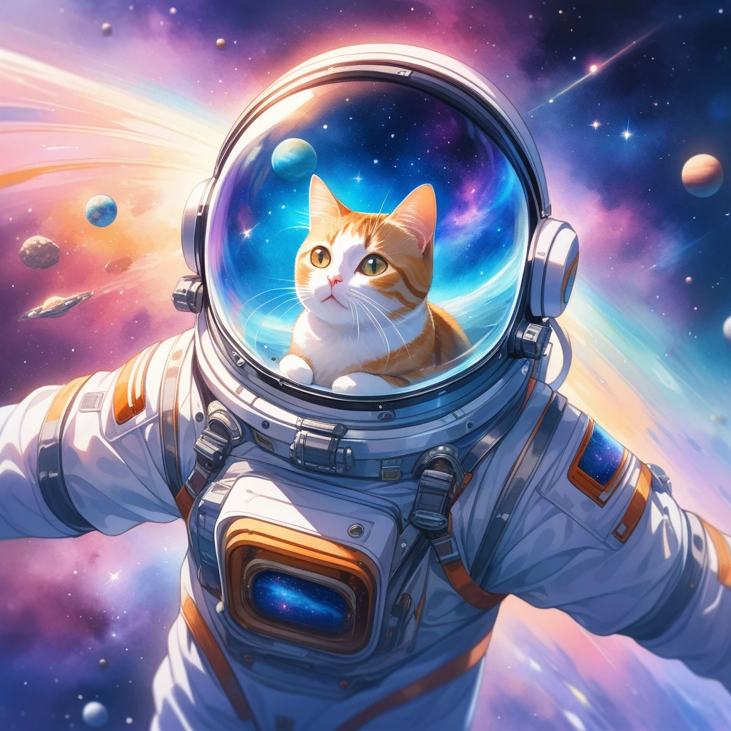 ((masterpiece)), ((Best quality)), (very detailed), ((very detailed)), 4K, (8 K), very aesthetic, absurdity in high definition, A cat in a miniature spacesuit floats on a cosmic nebula background, sideburns spread softly in zero gravity, eyes wide open from the cosmic wonder, the star field is reflected in the visor of the helmet, pastel galaxies, swirling in the background, watercolor style, ultra realistic, High quality digital painting..