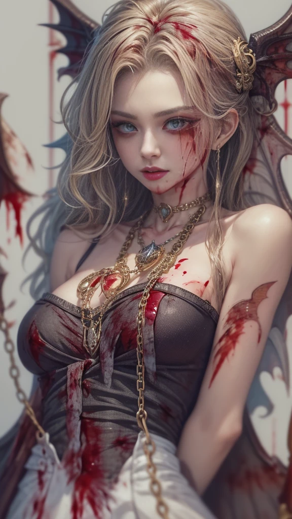 (32K:1.5, Dark fantasy:1.4, Highest quality, masterpiece, Ultra-high resolution), Perfect dynamic composition:1.3, Horror Portrait:1.3, chaotic background, Dark Background, Prisoner, slave, Dark Demon World, (Detailed tattoos on the whole body:1.4, Wearing elaborate jewelry:1.4), Very detailedな肌と顔の質感:1.3, Very accurate, Very detailed, (Cute and sexy succubus demon with big wings:1.3, Incredibly slim body:1.3, beautifully、beautiful:1.3), Horn, Fair skin, Sensual posture, ((How to properly dress bloody and badly torn clothing:1.3)), Medium chest, (Big eyes that exude beautiful eroticism:0.4, Feel the intense caress:1.0, Please open your mouth a little, lipstick, Feel the beautiful eroticism:0.9, Too sexy and cute:0.7, charm的な:0.7), ((Covered in blood:1.5, Physical pain:1.5, Lots of chains:1.6, Countless chains tangled in clothes:1.6, Chain your right arm:1.5, Chain the left arm:1.5, The right leg is bound with a shackle and chain:1.5, The left leg is bound with a shackle and chain:1.5)), Super long blonde curly hair, Earrings, necklace, bracelet, romantic, mysterious, elegant, Object of admiration, original, dramatic, artistic, Innovative, charm, Heartful, Fancy, sense of openness, sense of cleanliness, special, exciting, Extreme, Tilt, sense of loss, sorrow, sorrowの表現, ((大人のcharm, 女性的なcharm))