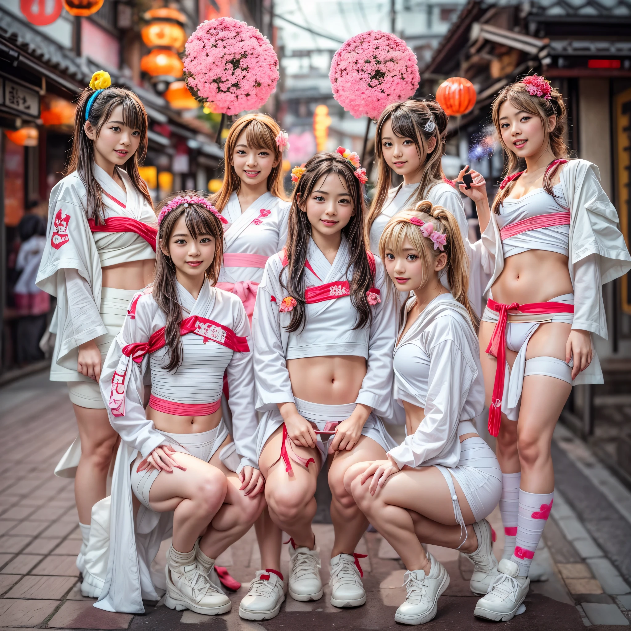 White and Red, ExtremelyDetailed(((GroupPhoto of KAWAII 5 Girls:1.4) (in White Fundoshi and Sarasi Bandage) at Hakata Gion Ymakasa)), {(Standing Full Body:1.2)|(from below:1.2)}, {Different types of hair colors|Braid Hair with bun|OKAPPA}, (Detailed KAWAII face, Detailed Radiant PearlSkin with Transparency), {FlowerHairpins | White Happi-Coat with Red Obi-Belt | FoldingFan |(Childish:1.2)|(Gigantic Cleavage:1.2)|(Underboob:1.2)|((Assfocus)Roundly TinyButts)}, (((Bare-Legs, No-Leg-Wear)))  BREAK  (Acutance:0.85), {Flowers | Downtown|BustlingStreet|(Passerby schoolgirls)| Lanterns | neon | Illuminations | Haze}, {(Dazzling Bullard ColorfulLights)|(Red clouds)}, MysticSight, {:p|:d|laugh|sparkle|joyful|delighted}, DuskSky with ((Dazzling RainbowColor Particles (BokeH))), SFW, 