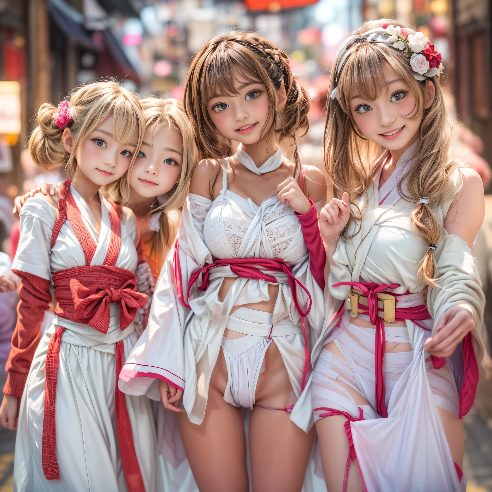 White and Red, ExtremelyDetailed(((GroupPhoto of KAWAII 5 Girls:1.4) (in White Fundoshi and Sarasi Bandage) at Hakata Gion Ymakasa)), {(Standing Full Body:1.2)|(from below:1.2)}, {Different types of hair colors|Braid Hair with bun|OKAPPA}, (Detailed KAWAII face, Detailed Radiant PearlSkin with Transparency), {FlowerHairpins | White Happi-Coat with Red Obi-Belt | FoldingFan |(Childish:1.2)|(Gigantic Cleavage:1.2)|(Underboob:1.2)|((Assfocus)Roundly TinyButts)}, (((Bare-Legs, No-Leg-Wear)))  BREAK  (Acutance:0.85), {Flowers | Downtown|BustlingStreet|(Passerby girls)| Lanterns | neon | Illuminations | Haze}, {(Dazzling Bullard ColorfulLights)|(Red clouds)}, MysticSight, {:p|:d|laugh|sparkle|joyful|delighted}, DuskSky with ((Dazzling RainbowColor Particles (BokeH))), SFW, 