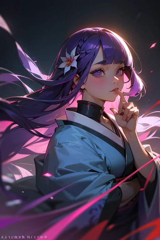 1 girl, Blunt bangs, Braiding, Wide sleeves, hair ornaments, kimono, Says Obi, (Purple Hair:1.2), Very long hair, Straight hair, Looking at the audience, Highly detailed background, (Realistic:1.2), Beautiful Eyes, Red eyeshadow, Written boundary depth,thigh, (Urzan-6500:0.7), Upper Body, (alone:1.2), (Cyberpunk City:1.1), Cleavage, (Put your finger on your lips:1.1),Glowing Skin、Hair blowing in the wind、flower、(Looking up)、