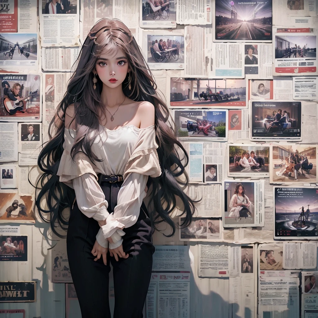 Temperamental girl,Long haine strands of hair,Delicate facial features,Light makeup,Red lips,Fair skin,Ultimate image quality,Highest precision,Hairstyle,Half-length photo,Ultra-high quality,Ultra Detail,Light pink fairy dress,Off-shoulder,Light purple,autumn,Newspaper wall background,(Guitar in hand)
