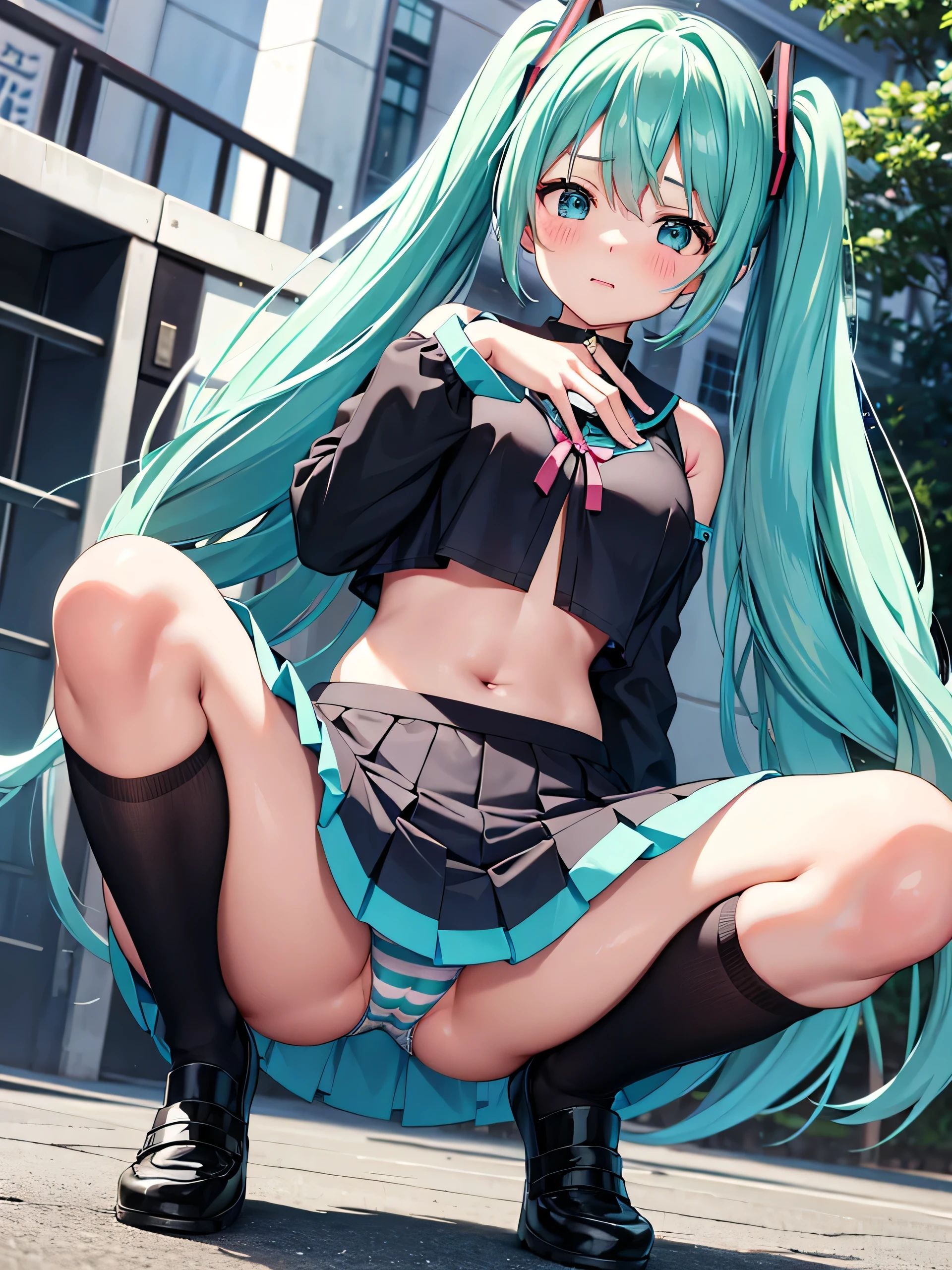 Young Hatsune Miku、girl、独奏、blush、Huge breasts、girl、Kindergarteners、、6 years old、、、be happy、Striped panties、Long skirt、Long sleeve、Colorful idol costumes、Frills、Clothes are see-through、From below、Wet clothes、Transparent nipples、Squat with your legs apart