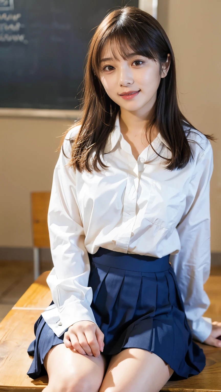 (8k、RAW Photos、Highest quality、masterpiece:1.2)、(Realistic、Realistic)、1 girl、((High School Uniform:1.6、White blouse、Navy blue pleated skirt))、Short Bob、View from the front、smile、Looking at the camera 、smile))、cute、Large Breasts、Cleavage、classroom、Sitting in a chair、Legs crossed