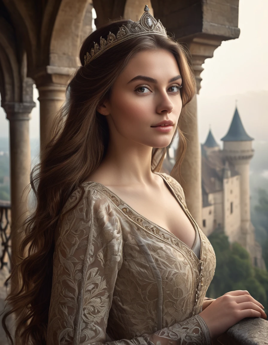 photo realistic, ultra details, natural light ultra detailed portrait of a beautiful woman with long brown hair, Style_Princess_SD2, on a castle balcony, medieval town in background, volumetric fog, Hyperrealism, breathtaking, ultra realistic, ultra detailed, cinematic lighting, highly detailed, breathtaking, photography, stunning environment, wide-angle