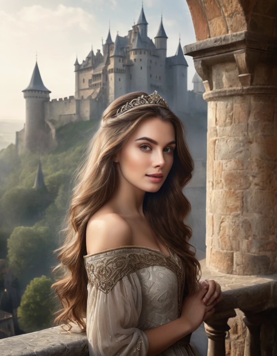 photo realistic, ultra details, natural light ultra detailed portrait of a beautiful woman with long brown hair, Style_Princess_SD2, on a castle balcony, medieval town in background, volumetric fog, Hyperrealism, breathtaking, ultra realistic, ultra detailed, cinematic lighting, highly detailed, breathtaking, photography, stunning environment, wide-angle