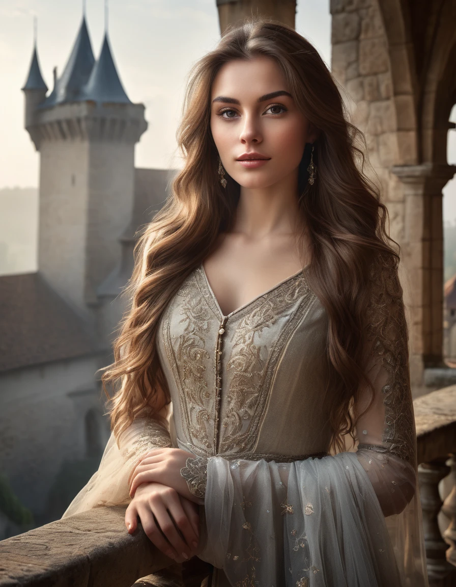 photo realistic, ultra details, natural light ultra detailed portrait of a beautiful woman with long brown hair, Style_Princess_SD2, on a castle balcony, medieval town in background, volumetric fog, Hyperrealism, breathtaking, ultra realistic, ultra detailed, cinematic lighting, highly detailed, breathtaking, photography, stunning environment, wide-angle