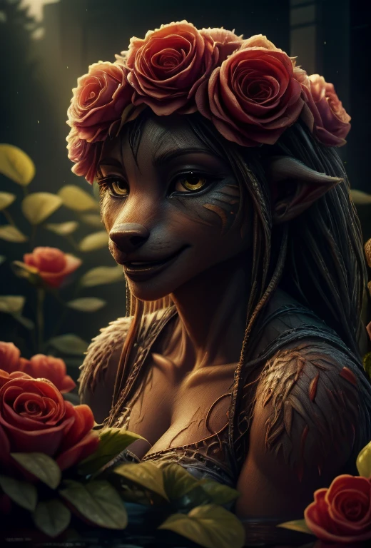 a beautiful rose anthropomorphized, where the roses have the faces of beautiful women, detailed facial features, beautiful eyes, detailed lips, lindo sorriso, faces rubras,long eyelashes,seios grandes:1:4, intricate floral patterns, detailed petals, vibrant colors, lush garden setting, natural lighting, cinematic composition, masterpiece, 8k, photorealistic, hyperrealistic, smooth rendering, highly detailed