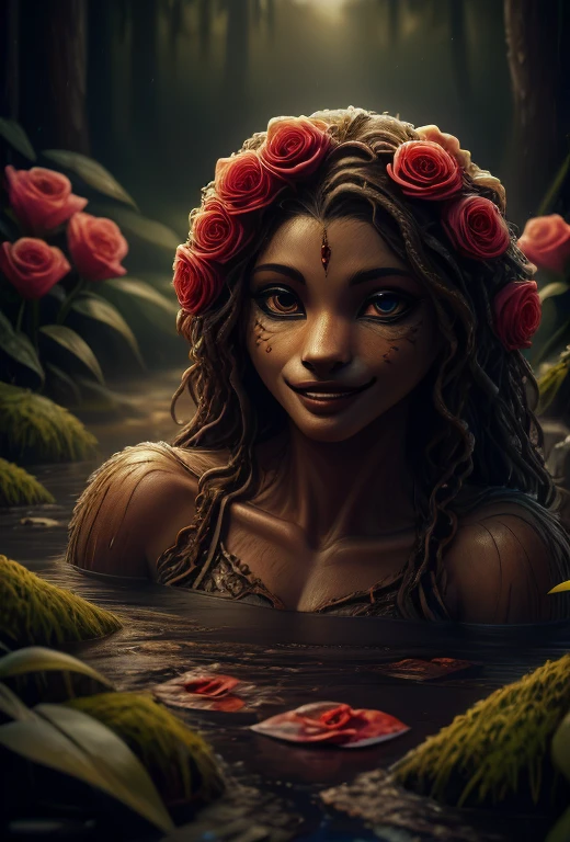 a beautiful rose anthropomorphized, where the roses have the faces of beautiful women, detailed facial features, beautiful eyes, detailed lips, lindo sorriso, faces rubras,long eyelashes,seios grandes:1:4, intricate floral patterns, detailed petals, vibrant colors, lush garden setting, natural lighting, cinematic composition, masterpiece, 8k, photorealistic, hyperrealistic, smooth rendering, highly detailed