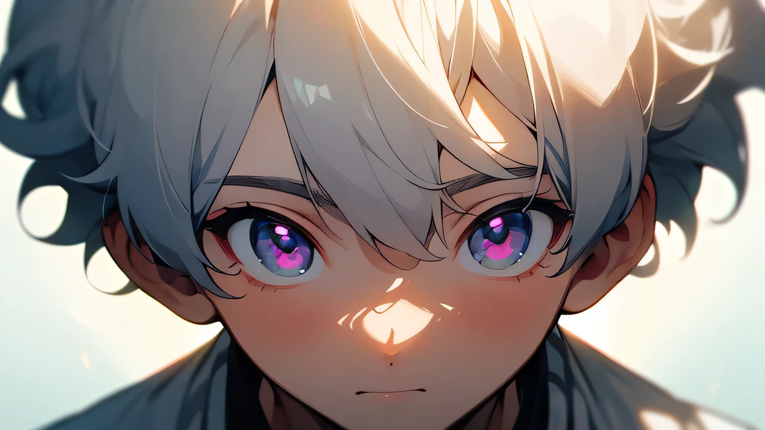 (masterpiece, Ultra-high quality, high resolution, 8K, complicated: 1.2), (Delicate face:1.2),White skin, Double eyelids , Delicate skin, a boy,Good lighting quality, ((青White skin)), Soft and cute anime style，Cute cat-eared boy wearing a white short-sleeved shirt，Bright purple eyes，Q version expression pack，Excellent anime
