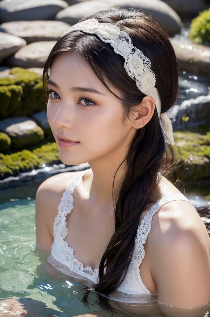 Highest quality, masterpiece, Ultra-high resolution, Supermodels bathing in Japanese hot springs, Outdoor hot spring, Stone hot spring, Moss and tree々Surrounded by, Super beautiful face, Pure Body, I can see my pores, (smile:0.8), Wearing split (Lace Headband:1.2), (realism:1.5), Original photo, Soaking wet, Sweaty, Exposing shoulders, In the Dark, Deep Shadow, Low Key, Cold Light