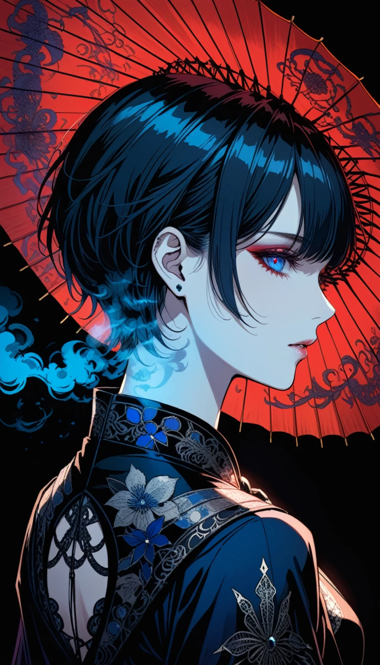 (Harry Clarke style:1.1),Santiago Caruso style,
One girl,Black Short Hair,Luxurious oiled paper umbrella,Deep red pupils glow,It doesn&#39;t rain,Eye to eye,(smoking:1.3),smooth return,just shoulders,just_return,Black kimono with bare shoulders,
break
(Neon blue smoke:1.5),absolute darkness,black magic,(From behind:1.2),Portrait close-up,darkness,darknessの中の青い色調,returnlight,Low Light,Creates a quiet and cool atmosphere,