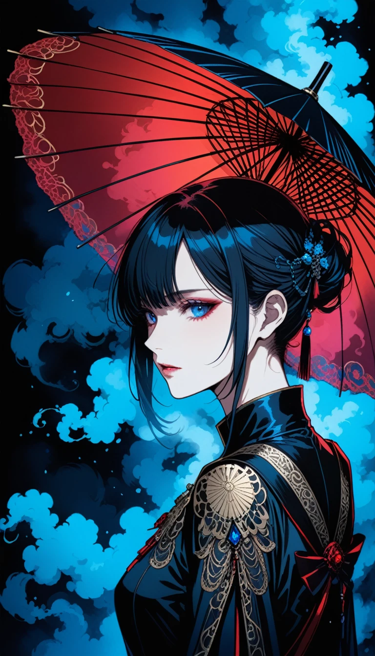 (Harry Clarke style:1.1),Santiago Caruso style,
One girl,Black Short Hair,Luxurious oiled paper umbrella,Deep red pupils glow,It doesn't rain,Eye to eye,(smoking:1.3),smooth return,just shoulders,just_return,Black kimono with bare shoulders,
break
(Neon blue smoke:1.5),absolute darkness,black magic,(From behind:1.2),Portrait close-up,darkness,darknessの中の青い色調,returnlight,Low Light,Creates a quiet and cool atmosphere,