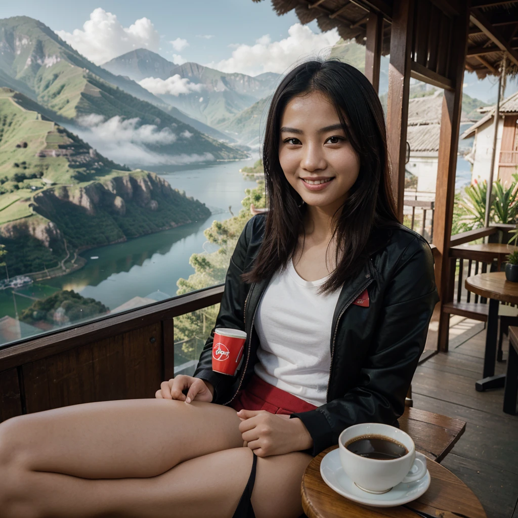 Professional photography of a woman young asian. Wearing a black jacket, white, green and red t-sirt, with a picture of a balinese mask. Chatting a little smiling, sitting in an open cafe at the top of the mountain, on the table there was 1 cup of black coffe. With a view of the misty lake, the photo was taken with a vivo cellphone camera