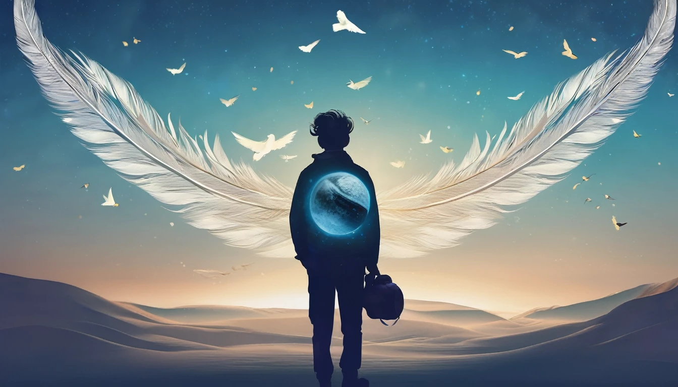 Create a professional, fantastic, cinematic dream-like Youtube Banner for a brand about music, stories, fantasy and dreams called " Penamemoria". Masterpiece, 4k, sharp focus, highest quality,wide shot. The title is " Penamemoria". Is a brand about the creative, unique journey of a boy into becoming a musician storyteller. In his journey he finds inspiration in a world of birds and feathers. Minimalistic, simple, poetic, dreamy logotype at the center of the image. The Background image is a world full of fantastic feathers, unique birds, light blue sky, soft white and light golden. Logo design of a face of a boy and a face of a feather