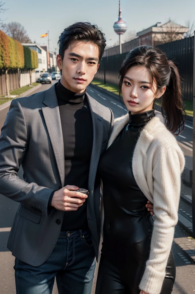 (realistic, คุณภาพhigh: 1.3) Handsome Asian man, high, Turtleneck, Skinny jeans, photography, Dutch corner, outdoor, Hair style up, Take a selfie in front of the Berlin Wall, Nothing in hand