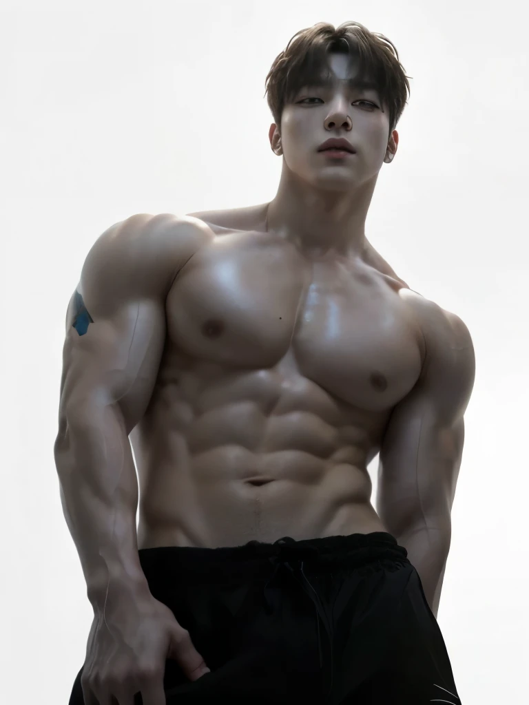 Close-up of a man in a shirt posing for a photo, perfect body, attractive body, cara y attractive bodys, scratched, beautiful handsome body, strong masculine features, perfect muscle structure, medium shot of a handsome man, tall and muscular, muscled body, [ firmly defined abs ]!!, perfect body y proporcional, crushed, White skin, jungkook, Jeon Jung kook, jungkook de BTS