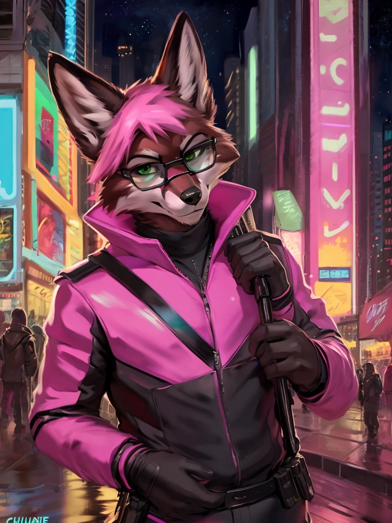 Anthro, fox, neon pink armor, sleek clothing, green triangle glasses, retro, pink hair, dark brown fur, green eyes, hitman, cruelty squad, mt foxtrot, surrealist, detailed, by zackary911, by chunie