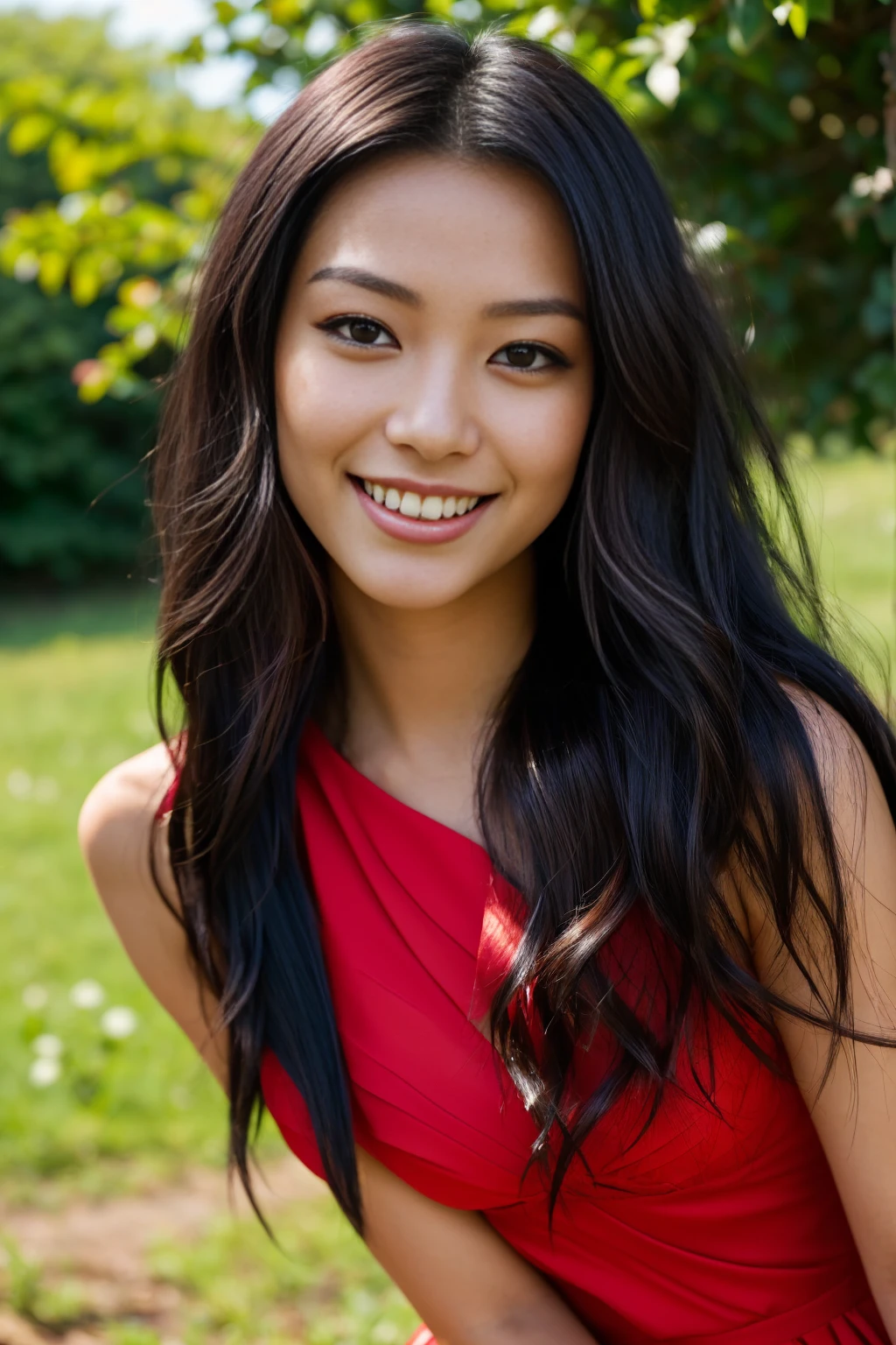 arafed woman with long black hair with deep red highlights, flowing black hair, red high lights, with black hair, photo of a beautiful woman, long flowing black hair, black golden hair, curly black hair, beautiful young asian woman, beautiful asian woman, wild ginger hair, black wispy hair, light black hair, a young asian woman, an asian woman, infp young woman, full body photo of a 24-year-old french girl in RAW UHD format (Brown-eyed woman), Details (textures! , Hair! , glistering, Color!! , imperfections: 1.1), DSLR Lighting, SLR camera, Ultra-Quality, sharpness, Film grain , Fujifilm XT3, Crystal clear, Frame Center, beatiful face, ((sharp-focus)), bokeh (lit), day time, (open sky), detailed skin pores, oilly skin, suntan, Complex eye details, beautiful face, (((smiling))),(wearing a beautiful expensive red dress), walking in the country side, long distance camera, naked legs, (red shoes)