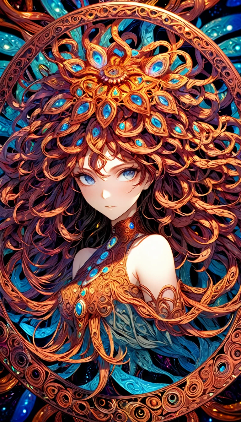 Medusa made of shining copper-plated threads, kaleidoscope, mysterious artworks, 2.5D, delicate and dynamic, shading, contrast magic, beautiful colors effects