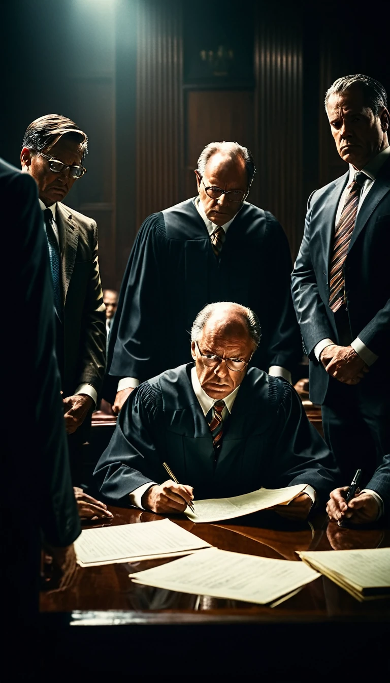 a group of lawyers standing ominously over a sitting man, demanding he sign documents, intimidated man, ominous atmosphere, dramatic lighting, moody color palette, sharp focus, cinematic composition, ultra detailed, realistic, photorealistic, masterpiece, award winning digital art