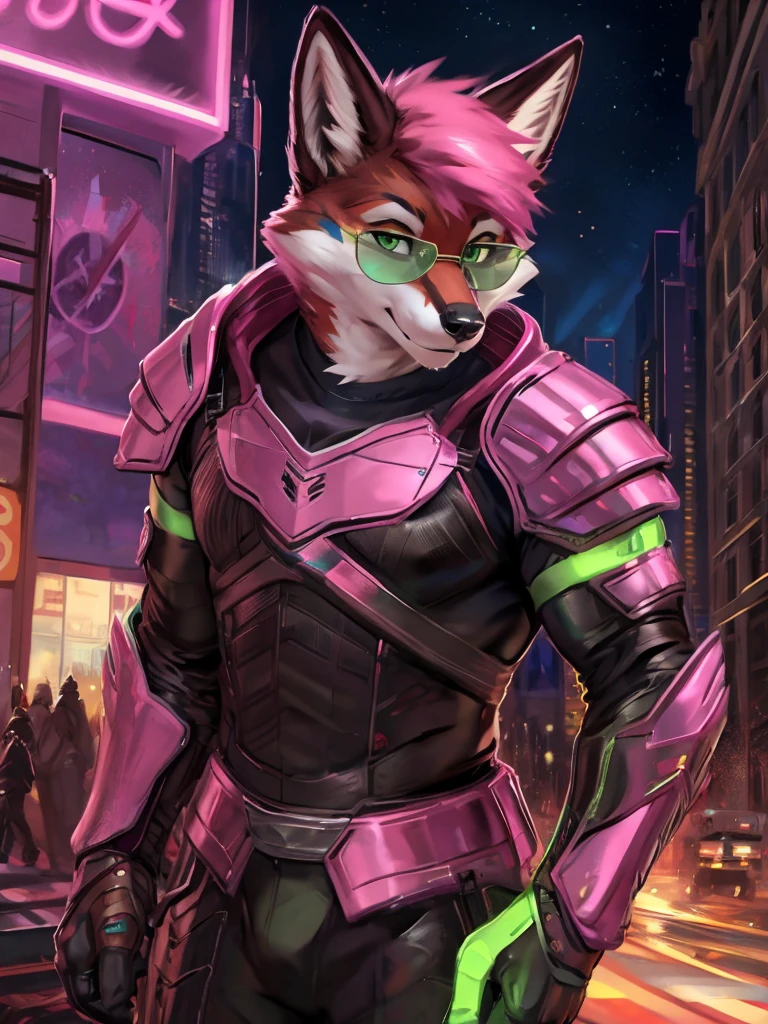 Anthro, fox, neon pink armor, sleek armor, green triangle glasses, retro, pink hair, dark brown fur, green eyes, hitman, cruelty squad, mt foxtrot, surrealist, detailed, by zackary911, by chunie