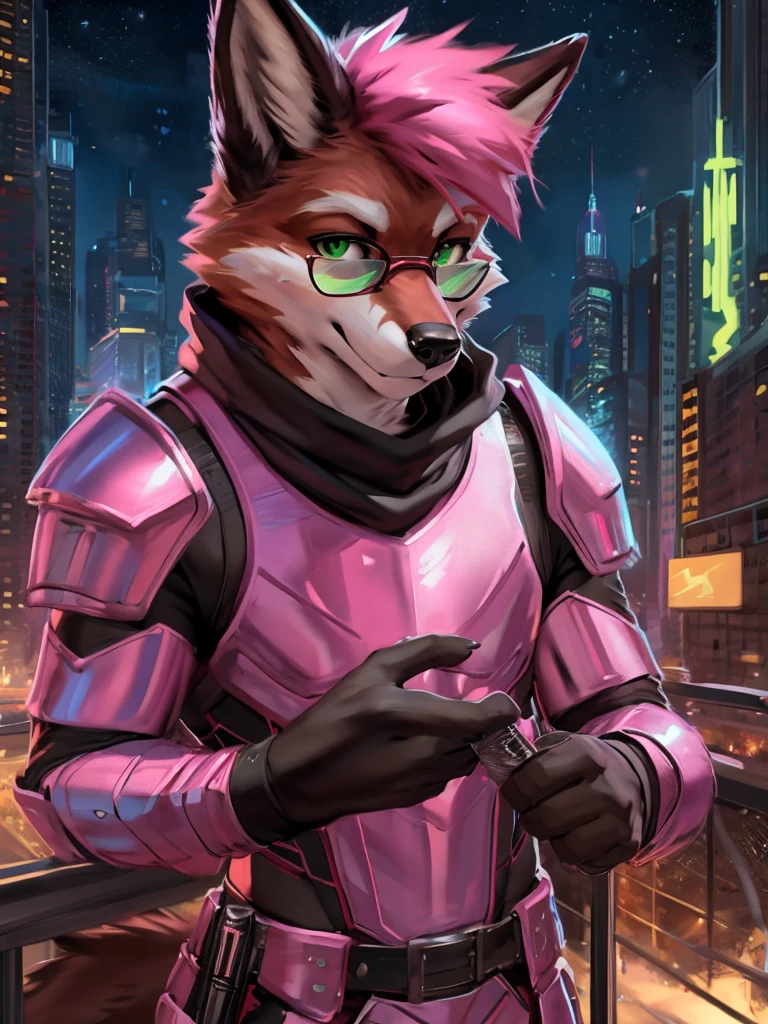 Anthro, fox, neon pink armor, sleek armor, green triangle glasses, retro, pink hair, dark brown fur, green eyes, hitman, cruelty squad, mt foxtrot, surrealist, detailed, by zackary911, by chunie