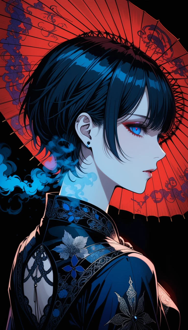 (Harry Clarke style:1.1),Santiago Caruso style,
One girl,Black Short Hair,Luxurious oiled paper umbrella,Deep red pupils glow,It doesn&#39;t rain,Eye to eye,(smoking:1.3),smooth return,just shoulders,just_return,Black kimono with bare shoulders,
break
(Neon blue smoke:1.5),absolute darkness,black magic,(From behind:1.2),Portrait close-up,darkness,darknessの中の青い色調,returnlight,Low Light,Creates a quiet and cool atmosphere,