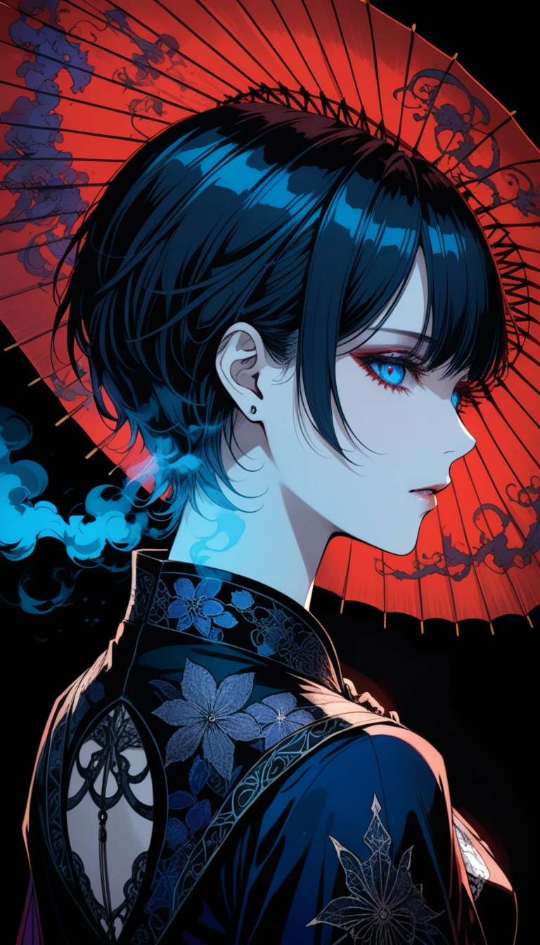(Harry Clarke style:1.1),Santiago Caruso style,
One girl,Black Short Hair,Luxurious oiled paper umbrella,Deep red pupils glow,It doesn&#39;t rain,Eye to eye,(smoking:1.3),smooth return,just shoulders,just_return,Black kimono with bare shoulders,
break
(Neon blue smoke:1.5),absolute darkness,black magic,(From behind:1.2),Portrait close-up,darkness,darknessの中の青い色調,returnlight,Low Light,Creates a quiet and cool atmosphere,