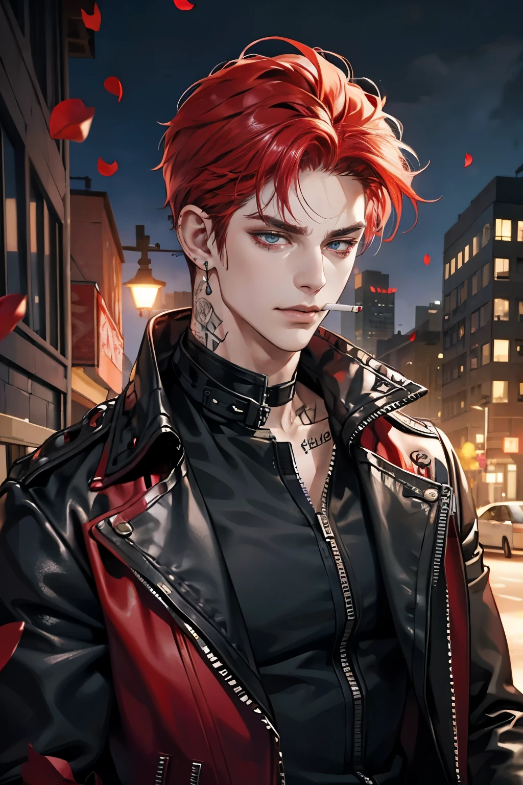 1 boy, solo, man, handsome, red vibrant dyed hair, masculine, piercings, pale skin, piercings, cigarette, cigarette smoke, frown, bandages, black leather jacket, black tattoos, rose petals, detailed eyes, badass, stare, smirk mouth, on city background, look at viewer