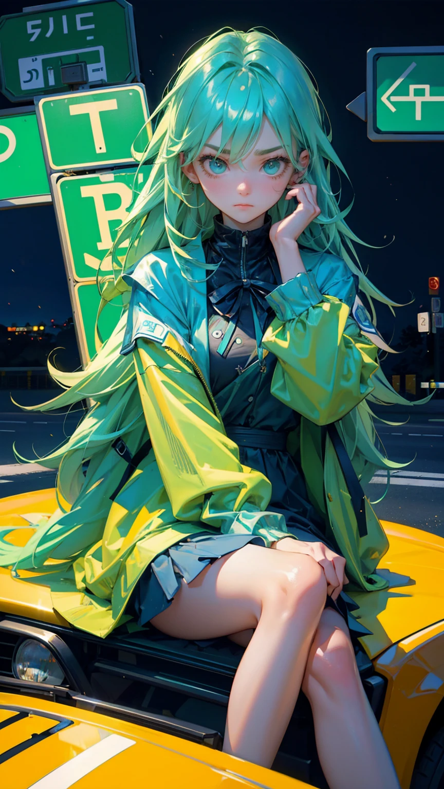A cute girl light green hairs, with sadness emotions on face looking at of cars stuck in traffic with bitcoin symbols on the road signs, Bitcoin symbols and blue hues for road signs,  extremely frustrated girl sitting on the car,  soo many bitcoins signboard on road