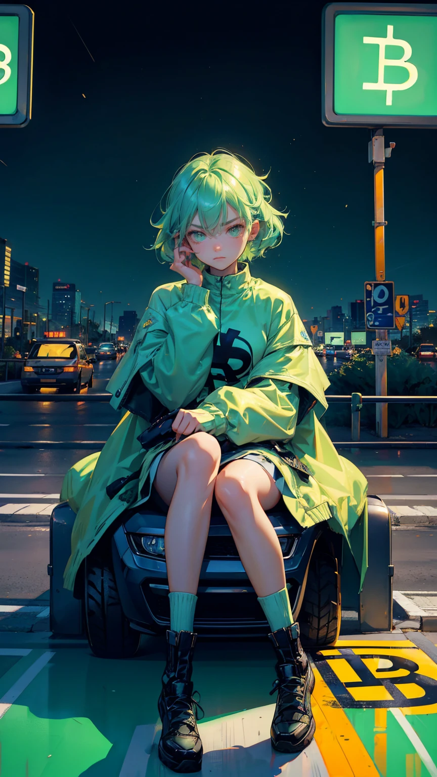 A cute girl light green hairs, with sadness emotions on face looking at of cars stuck in traffic with bitcoin symbols on the road signs, Bitcoin symbols and blue hues for road signs,  extremely frustrated girl sitting on the car,  soo many bitcoins signboard on road