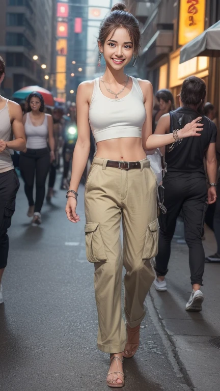 8k, Tabletop, RAW Photos, Highest quality, Realistic, Highly detailed CG Unity 8k wallpaper, Written boundary depth, Cinematic Light, Lens flare, Ray Tracing, (Very beautiful face, Beautiful Lips, Beautiful Eyes), Exquisitely detailed face, (Highly detailed skin) 1 girl, In the Dark, Deep Shadow, Cute Korean Girl, (K-POPアイドル), 1 girl, (Very slim slender fit-muscled body:1.3), (View your audience)), (Smiling with white teeth:1.3), (Fashion City Night, (Neon Signs), (Full body photo showing feet), (Fashion Street Night), ((No passers-by in the background)), Earrings, bracelet, necklace, belt, Clear Eyes, walk, (Pale skin), (Big Eye Ace Forward, (Brown hair body shot), (Khaki green wide cargo pants),((White tank top:1.3)), (View your audience:1.3) (,), Very slim, in front of the eyebrows, (Beige wide pants:1.1), Medium Butt,Full body photo showing up to the toes,