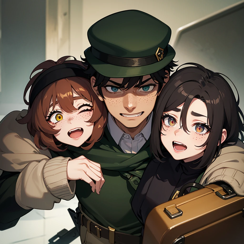 a short guy, he is scary and hideous.he has light brown skin and small spots and freckles on her face, her teeth are terribly crooked and yellowed and her eyebrows are close together. He has black curly hair with small reddish-brown spots. His hair has a crooked cut, it is of medium height but longer on the left side, his eyes are yellowish with brown pupils. He is just a little chubby, he wears a black overcoat over a stained blue dress shirt and loose pants. full of tears and a black boot with a huge treated heel, he wears a green scarf and a green cap, he has dark circles under his eyes and his eyes are almost closed as if he were sleepy and he has a huge strange smile, he has a black suitcase and come out of a pile of rubbish . Horror Picture,